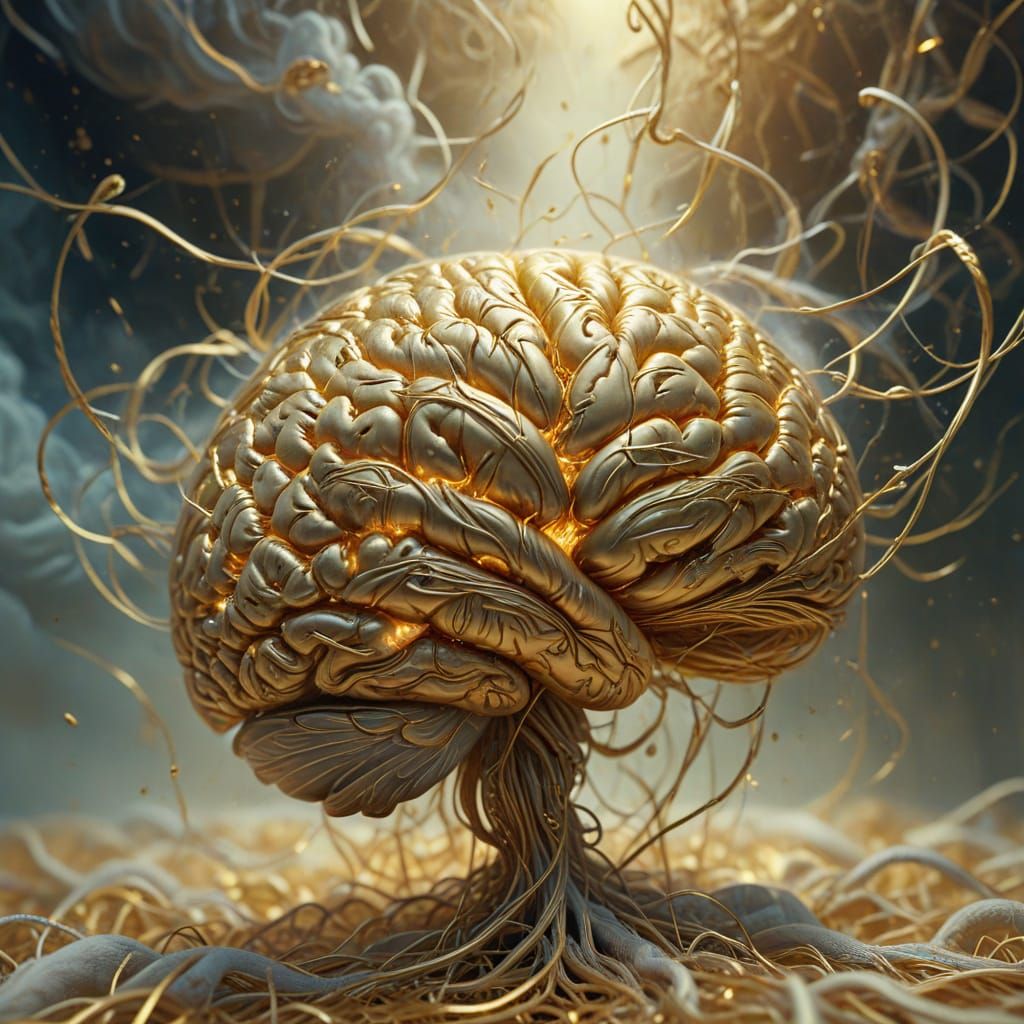 Golden Thread Brain Unraveling in Dreamlike Oil Painting