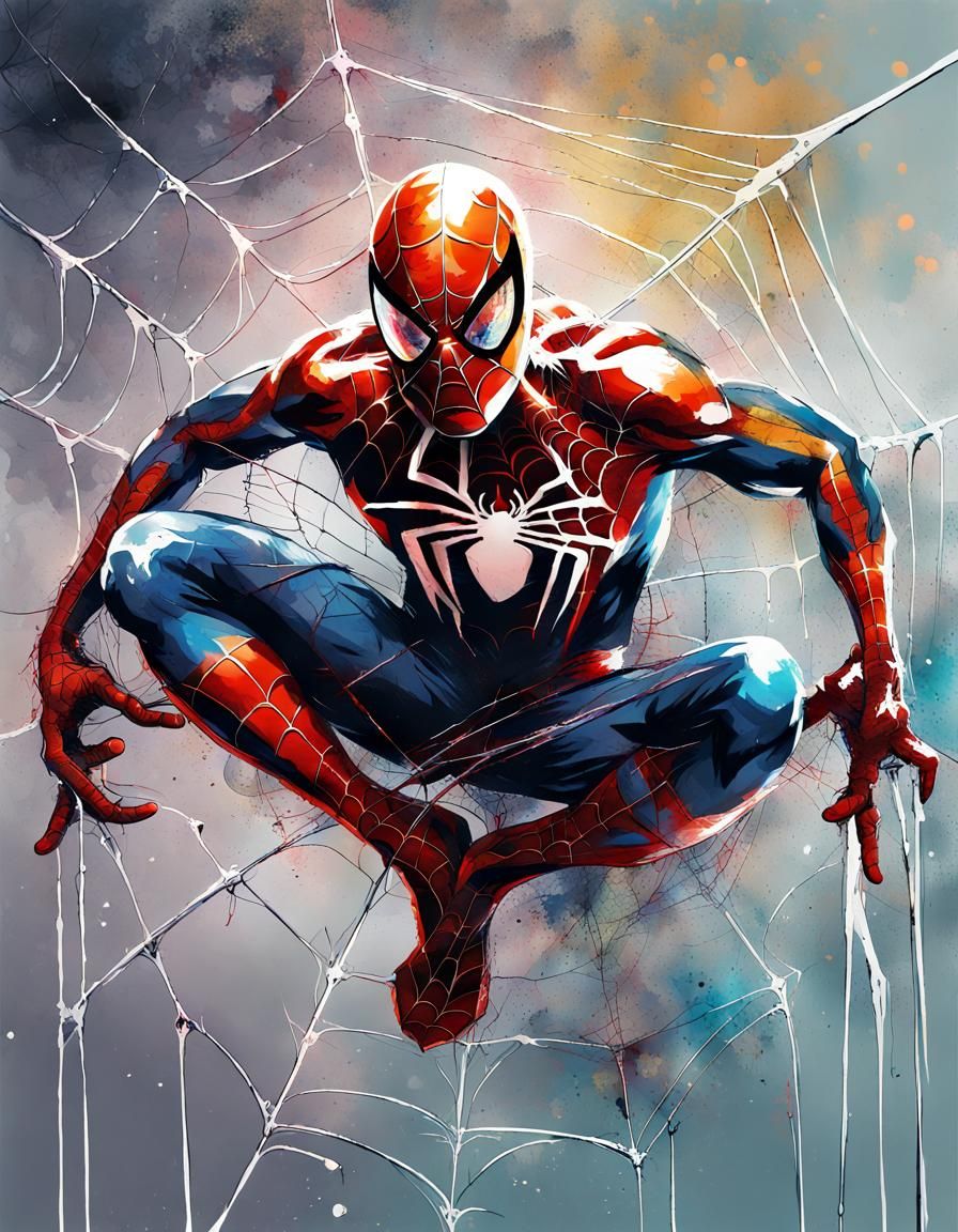 Spiderman with Spiderweb in Mixed Media Style