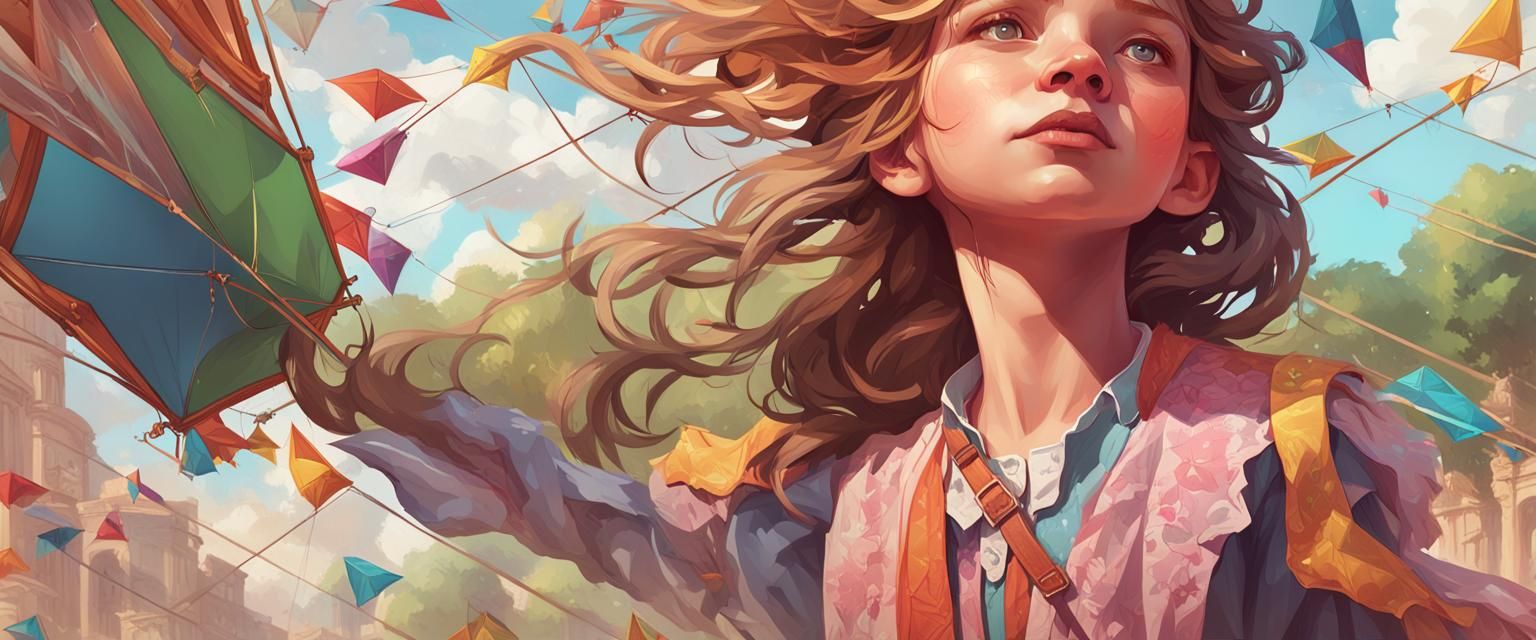 Children and Kites Portrait in Art Nouveau Style