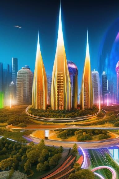 Hyperrealistic Sci-Fi City with Iridescent Skyscrapers