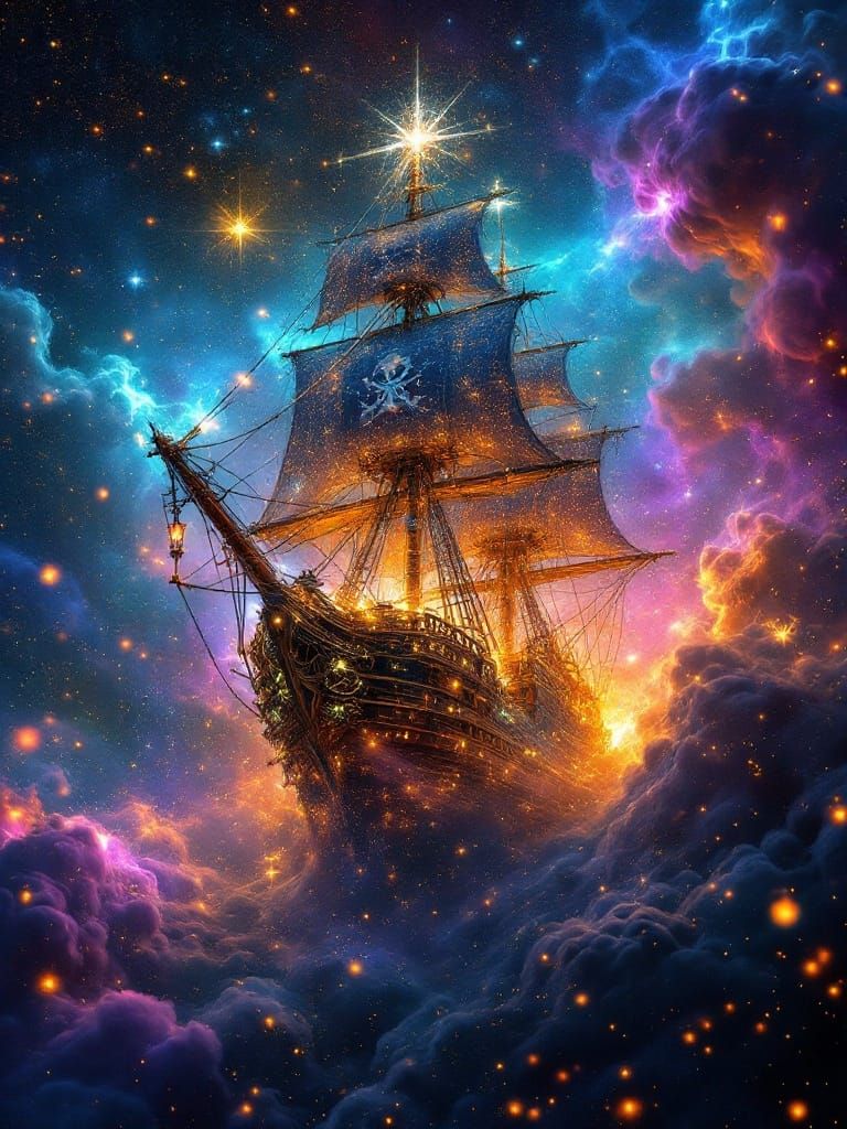 Glowing Pirate Ship Nebula in Kinetic Pointillism Style