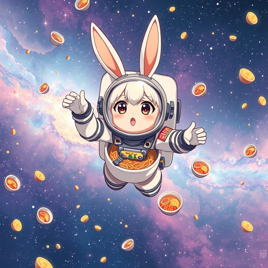 Anime Rabbit Astronaut in Cosmic Ramen Nebula