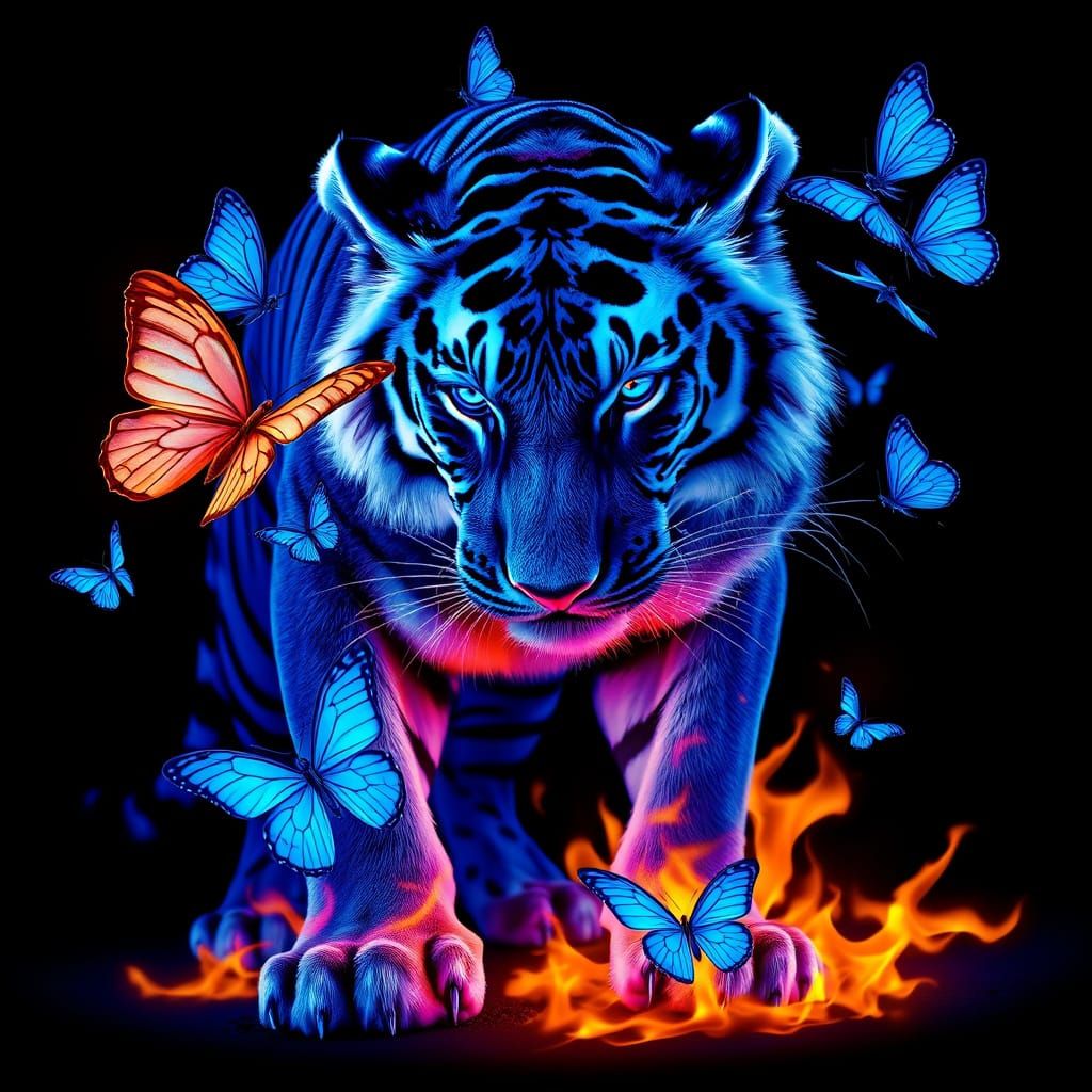 Mystical Neon Tiger Amidst Licking Flames and Iridescent But...