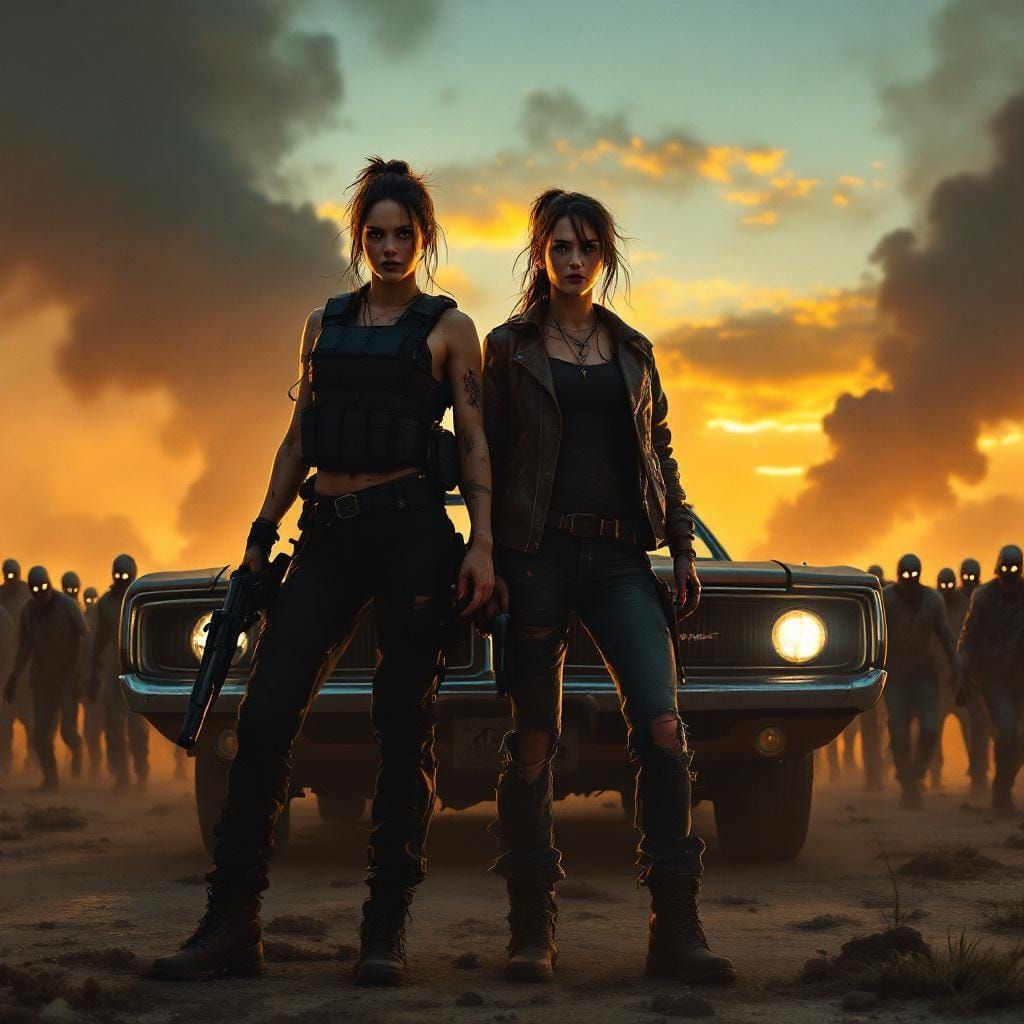 Women Defend Charger from Zombie Horde in Apocalyptic Scene