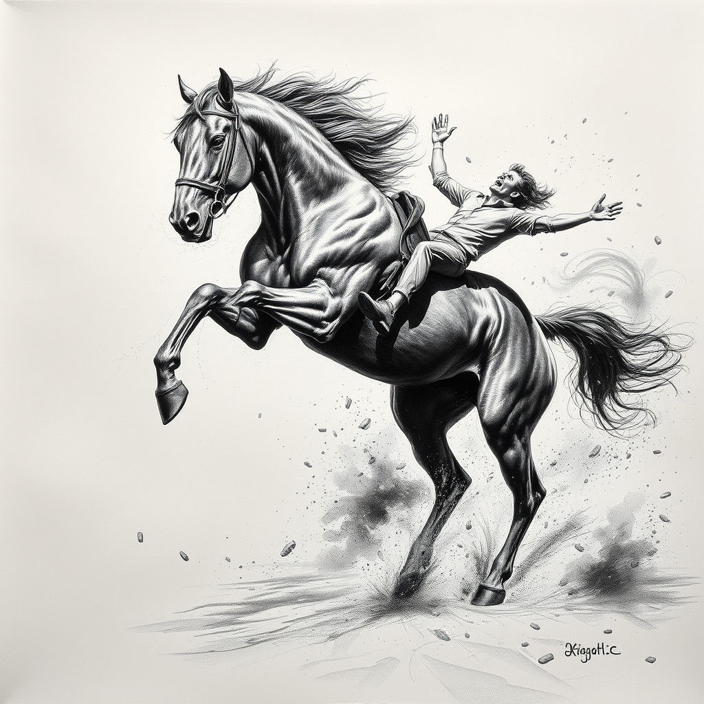 Horse Throws Rider: Hyperdetailed Charcoal Drawing