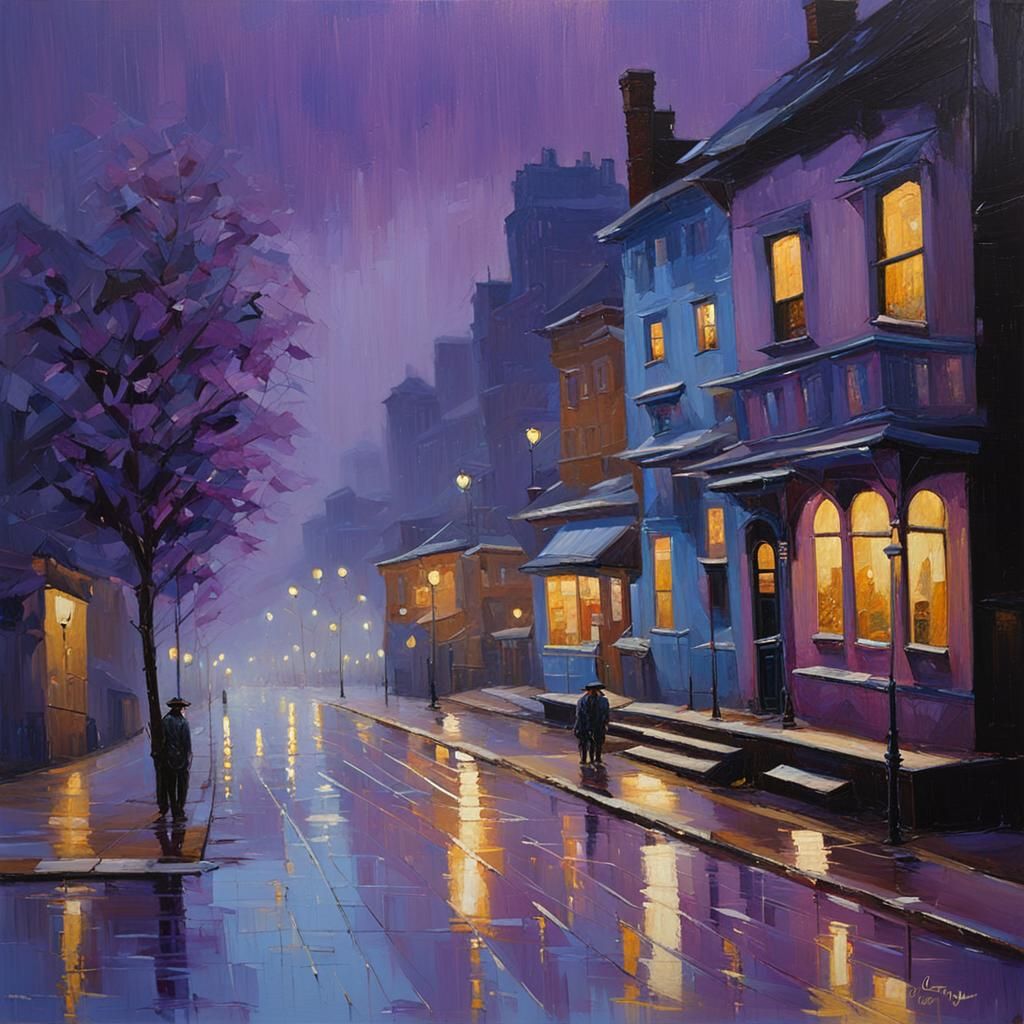 Night City Street Painting in Blue and Purple