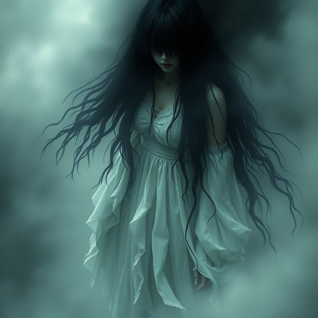 Ethereal Woman in White Gown Floats Through Haunting Fog
