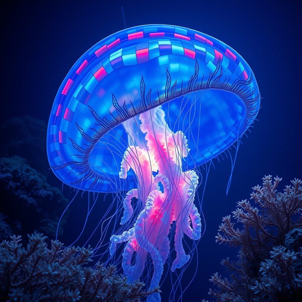 Gigantic Blue and Red Jellyfish Submarine in Macro Close-Up