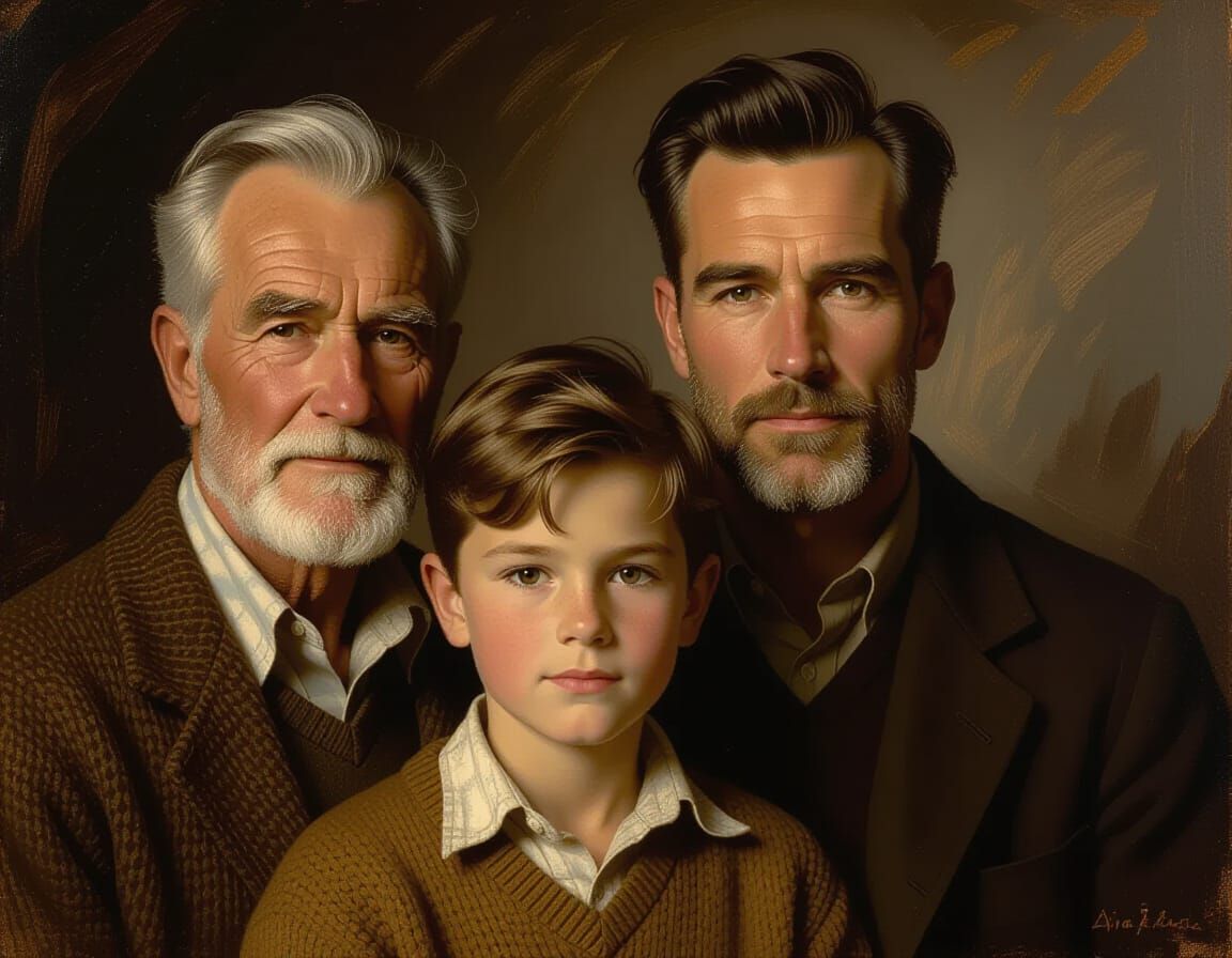 Three Generations of Men in Expressive Oil Portrait