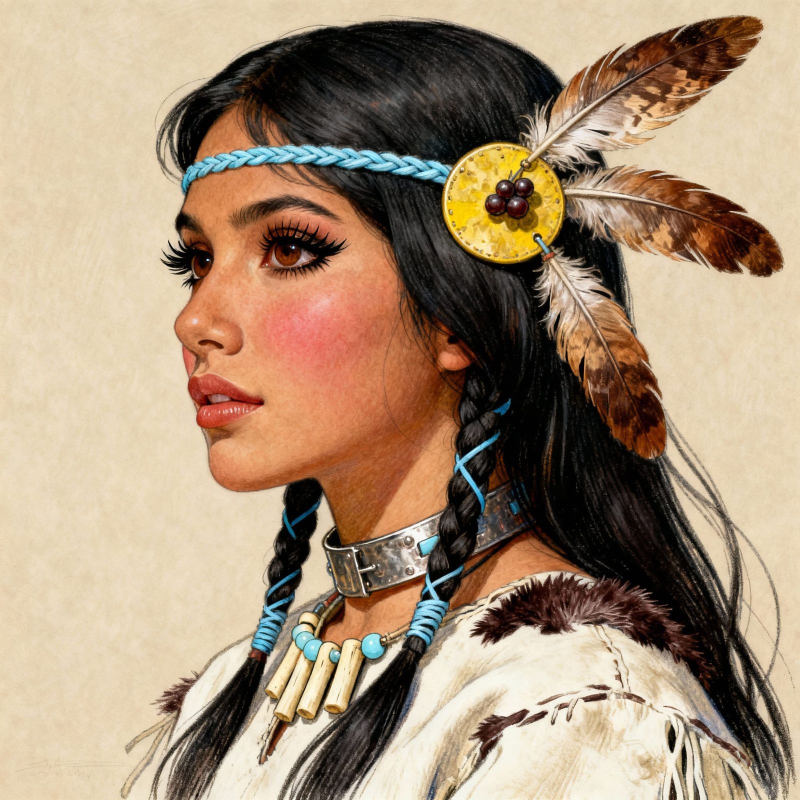 Native American Woman Portrait in Colored Pencil Style