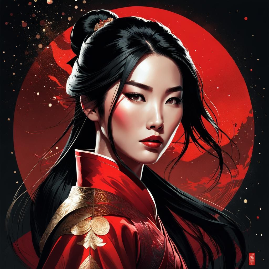 Gorgeous Mulan Portrait with Red Filigree Details