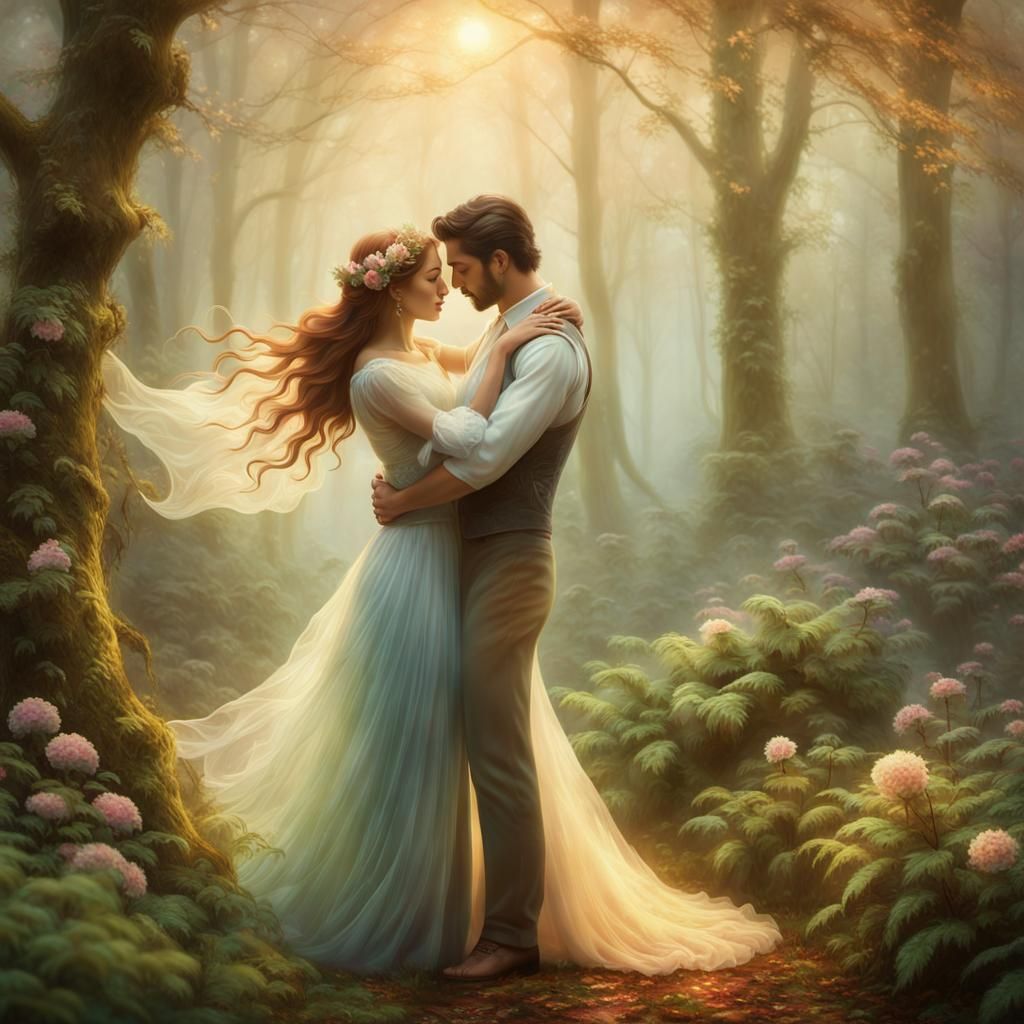 Soulmates Embrace in Ethereal Forest, Soft Focus