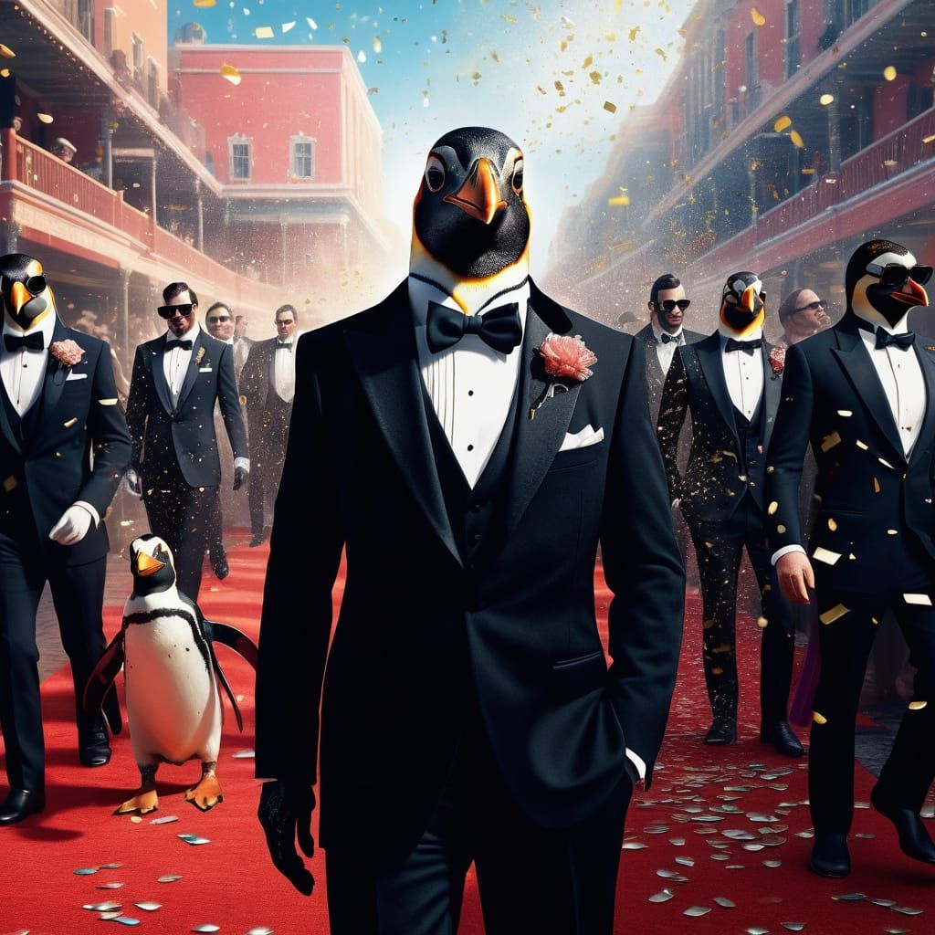 Penguins in Tuxedos Walk Red Carpet in Hyper-Realistic Style