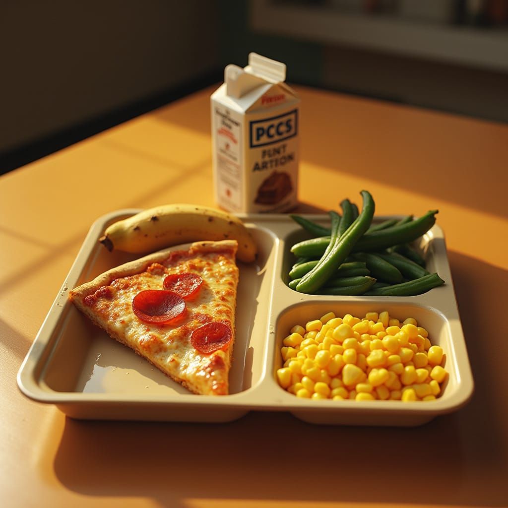 Nostalgic 2000s School Lunch Tray in Warm, Golden Lighting