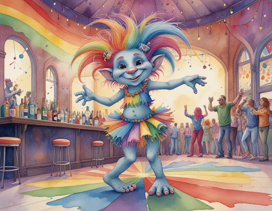 Rainbow Troll Dances in Pride Nightclub Watercolor