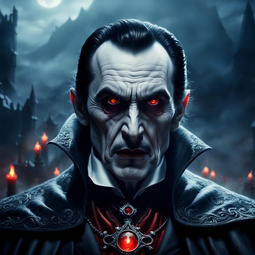 Dramatic Close-Up of Dracula in Misty Night