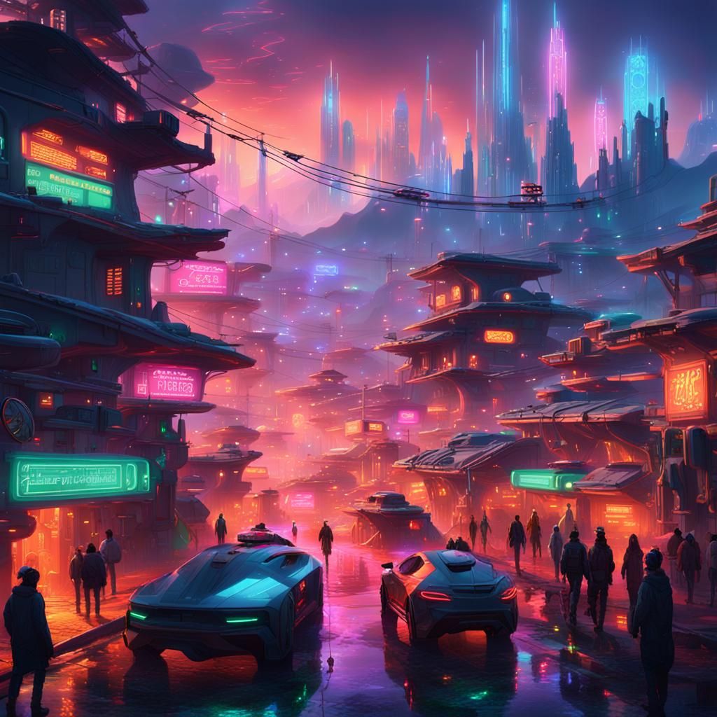 Futuristic Cyberpunk Village on Misty Mountain
