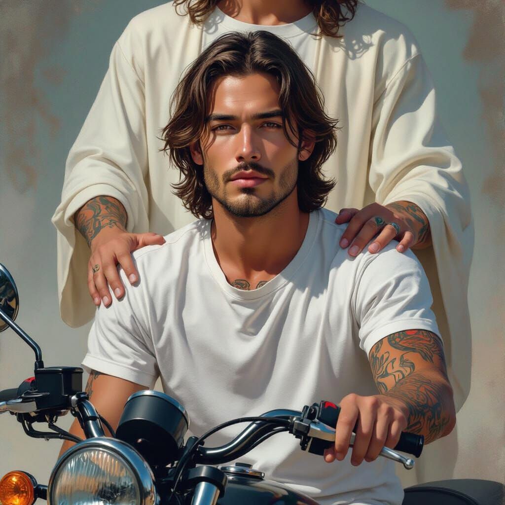 Young Man with Jesus on Motorcycle, Fantasy Art