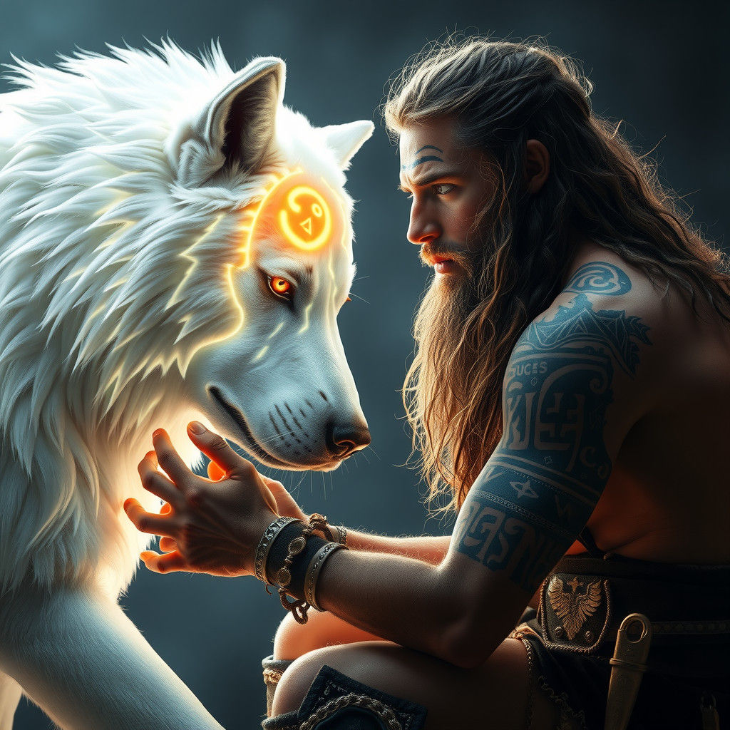 Viking Warrior and Prismatic Wolf Portrait