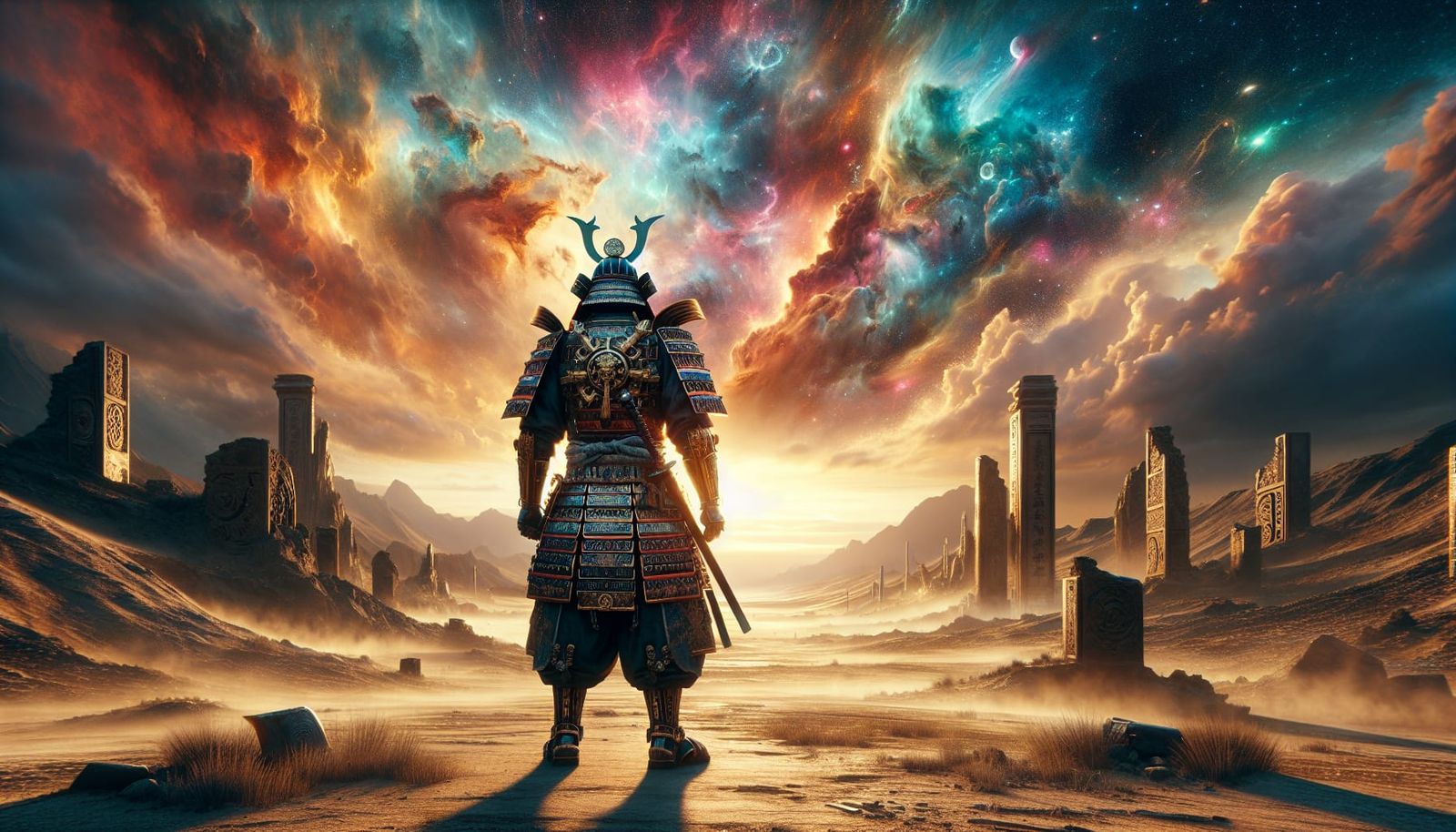 Steampunk Samurai Under Cosmic Nebulae