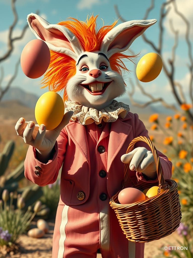 Juggling Easter Bunny in Whimsical Backdrop