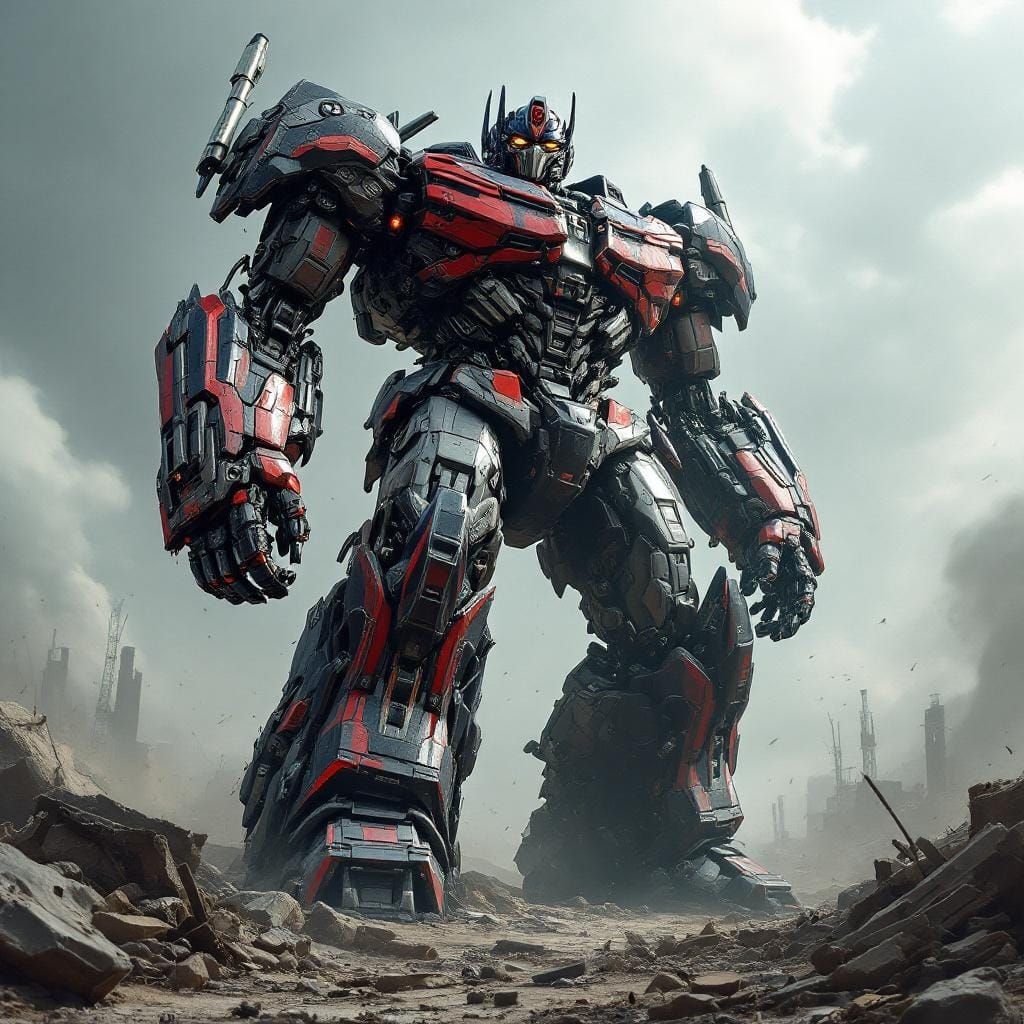 Crimson & Black Transformer on War-Torn Battlefield