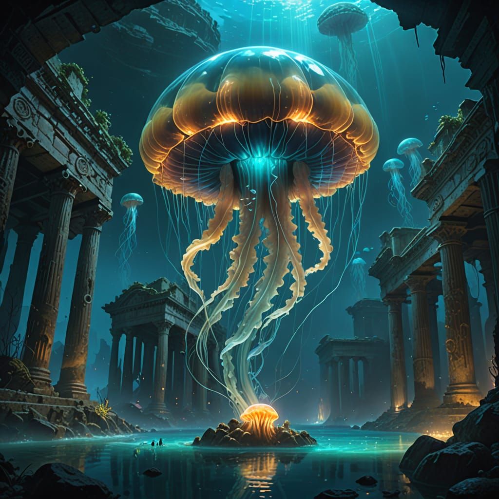 Giant Bioluminescent Jellyfish in Submerged City Ruins