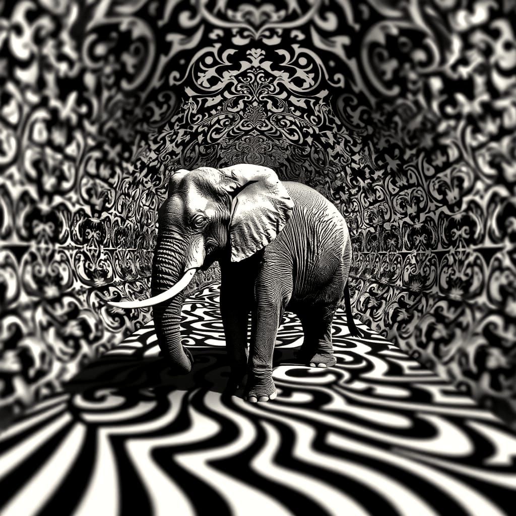 Surreal Elephant Trapped in Infinite Art Deco Maze