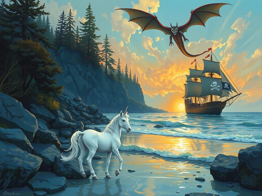 Unicorn and Dragon Over Sunset Coastline with Pirate Ship
