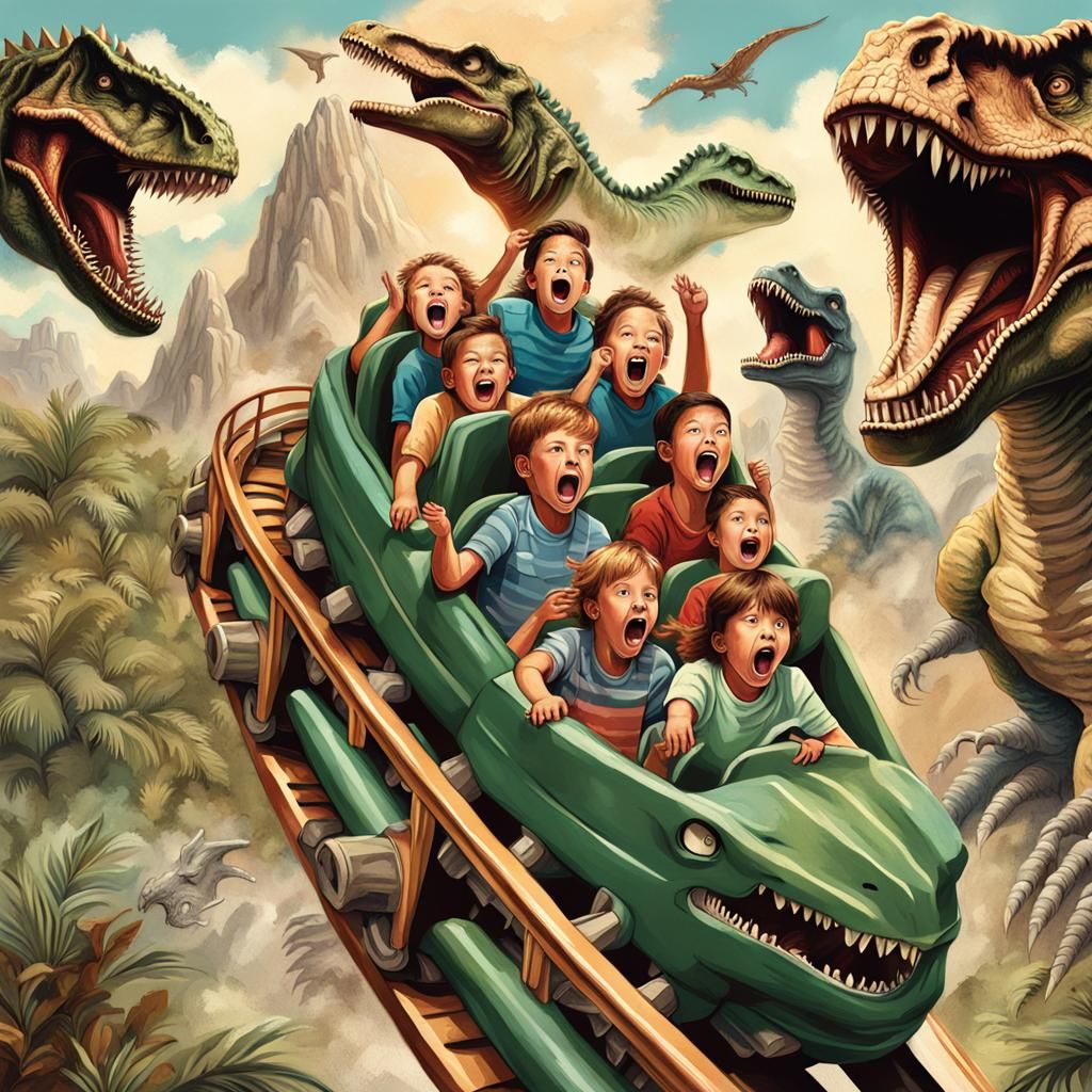 Roller Coaster Ride Over Dinosaur in Romanticism Style