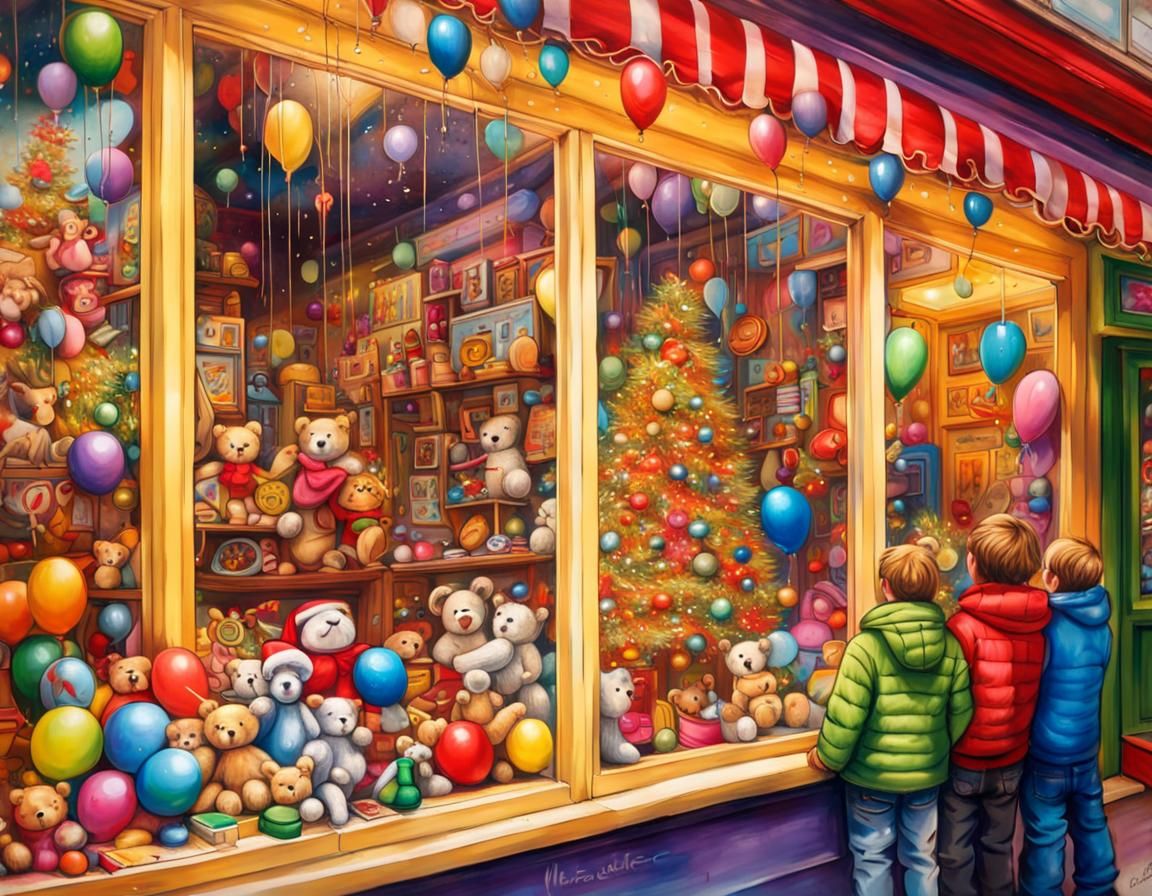 Festive Toy Shop Window in Graffiti Art Style
