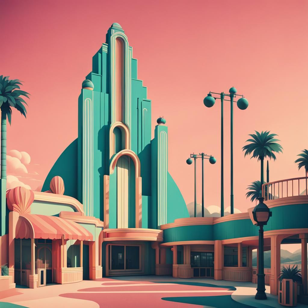 Art Deco Theme Park Landscape Illustration