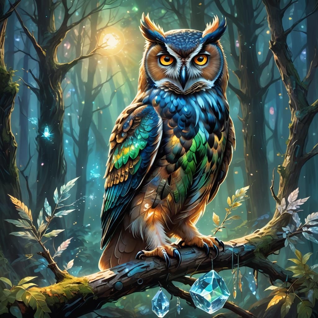Mystical Owl on Crystal Branch Fantasy Art