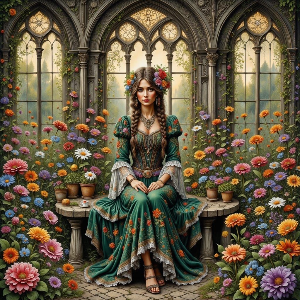 Serene Woman Amidst Vibrant Wildflowers in a Gothic Patio