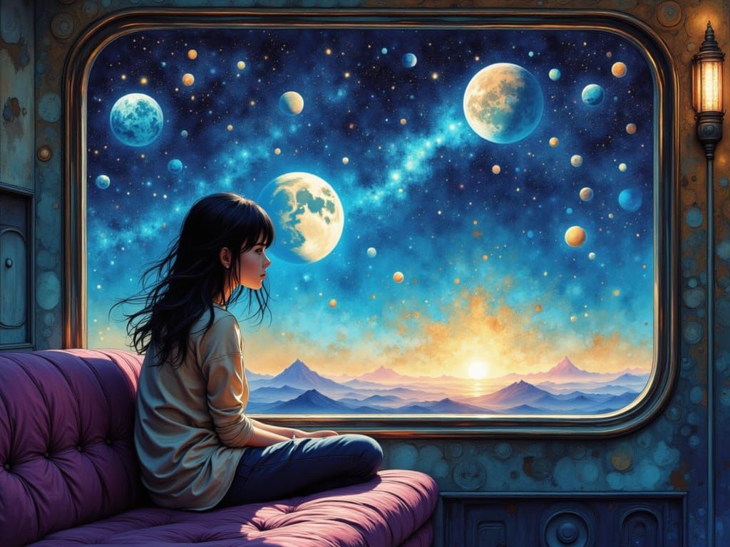 Girl Watches Outer Space from Train Window
