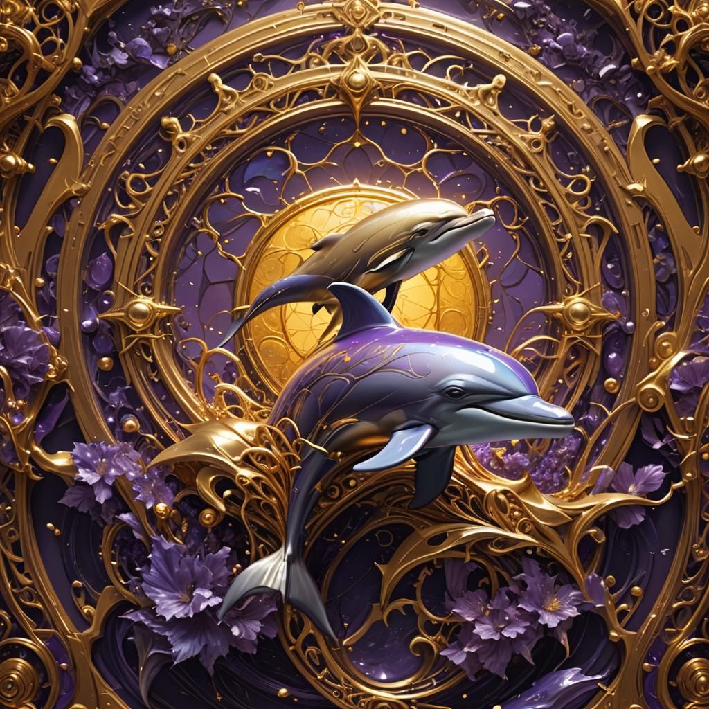 Intricate Gold Filigree Dolphin in Dark Fantasy Style