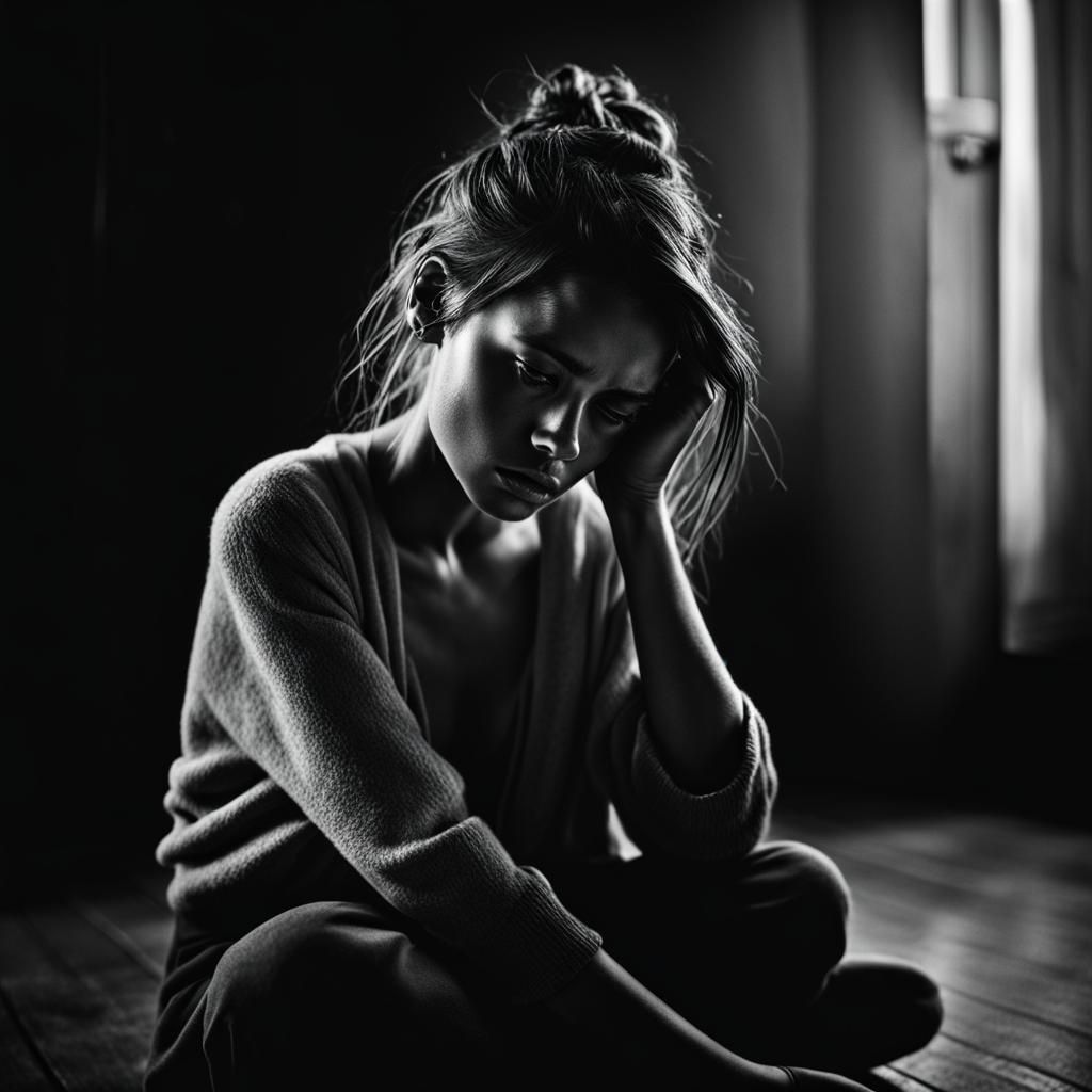 Sad Girl Crying in Dark Room Portrait