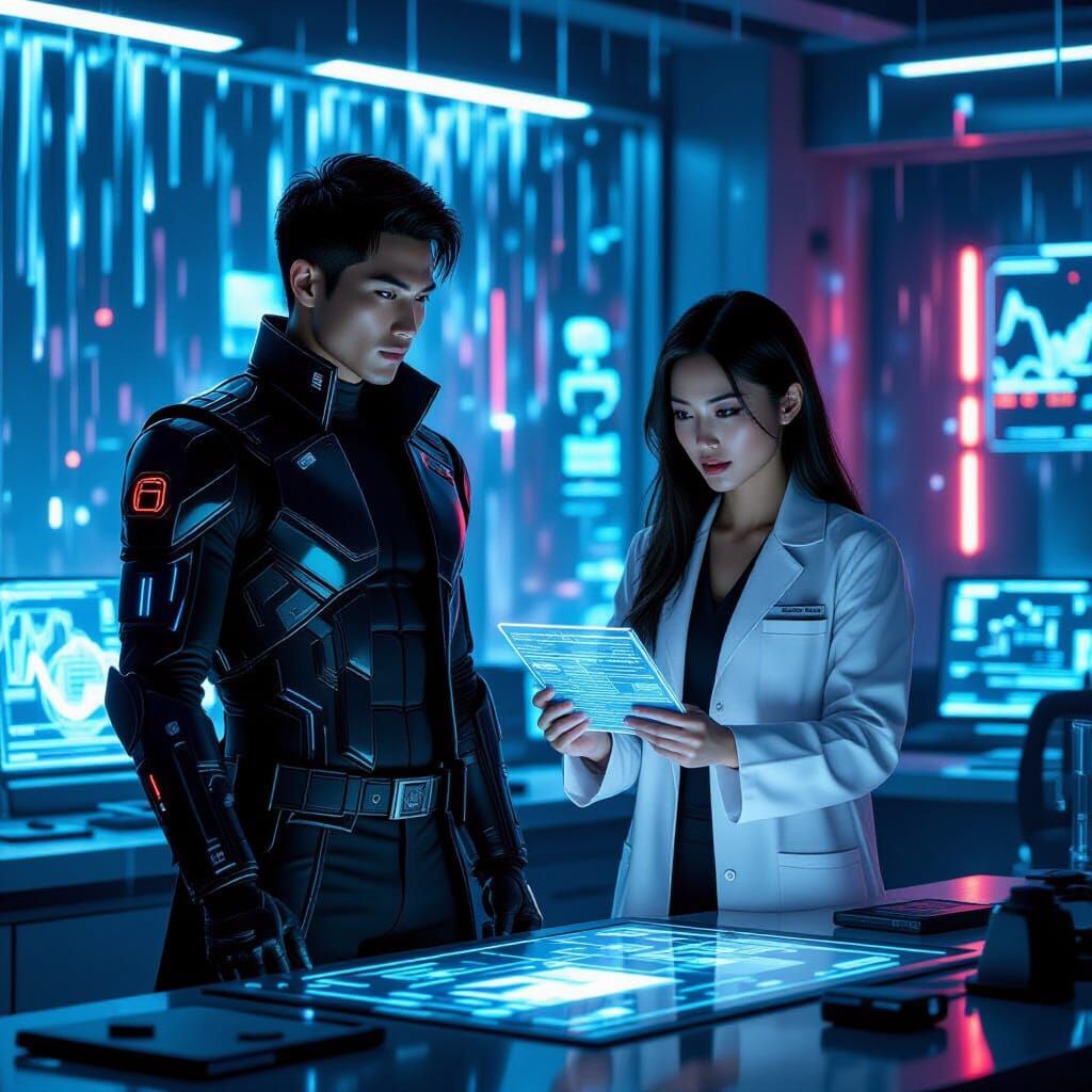 Android and Scientist in Cyberpunk Lab, Neon Rain