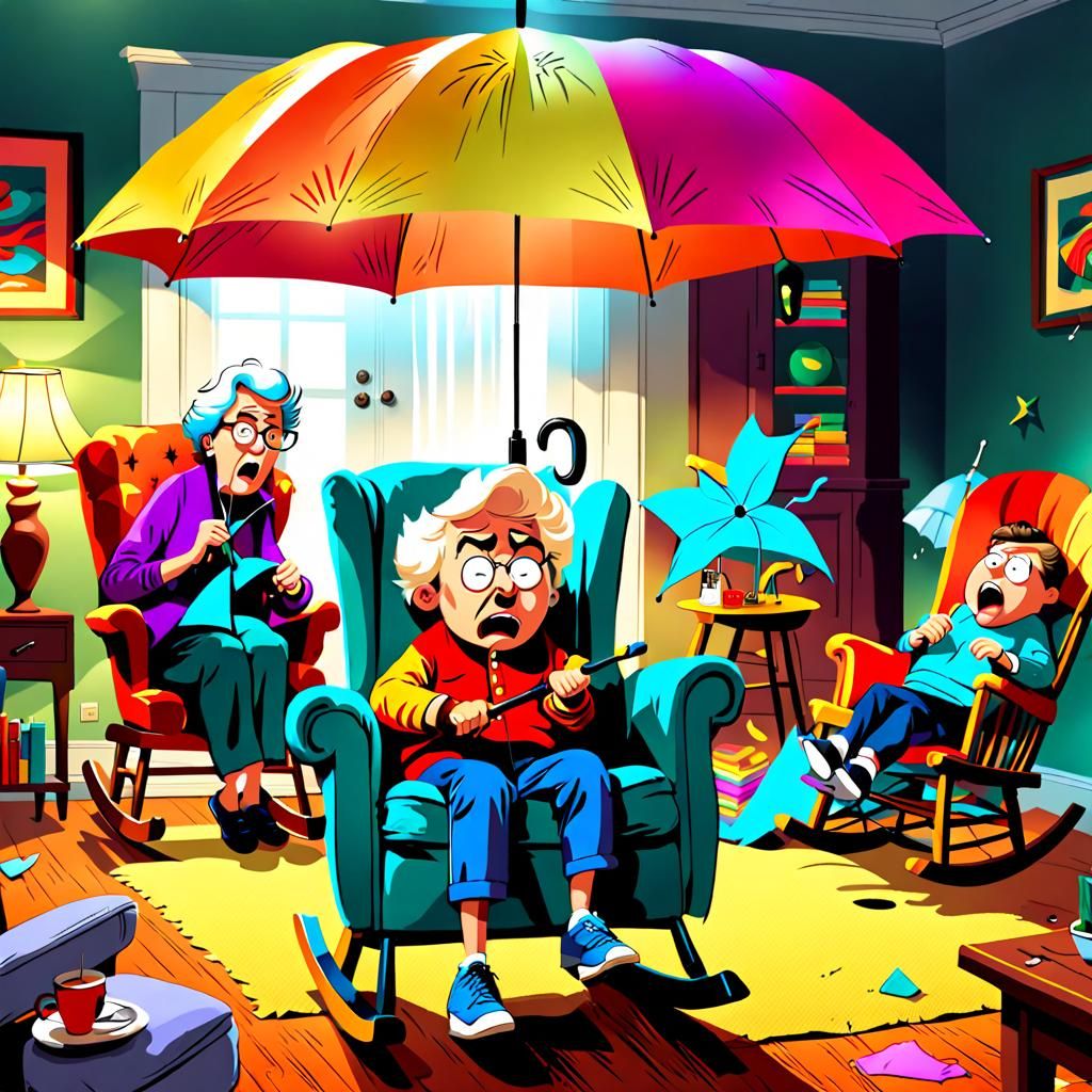 Cartoon Boy's Indoor Umbrella Prank Causes Chaos