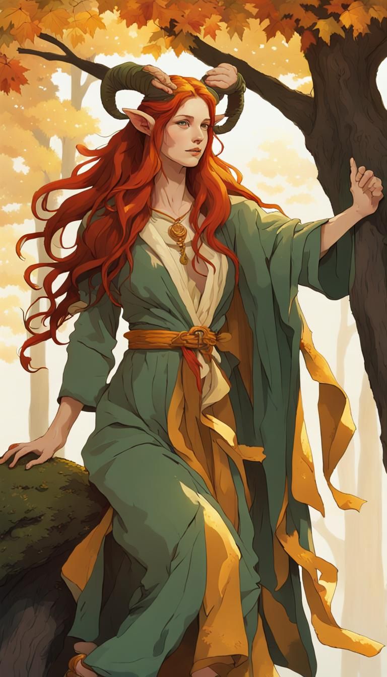 Satyr Bowing Before Autumn Tree in Radiant Light