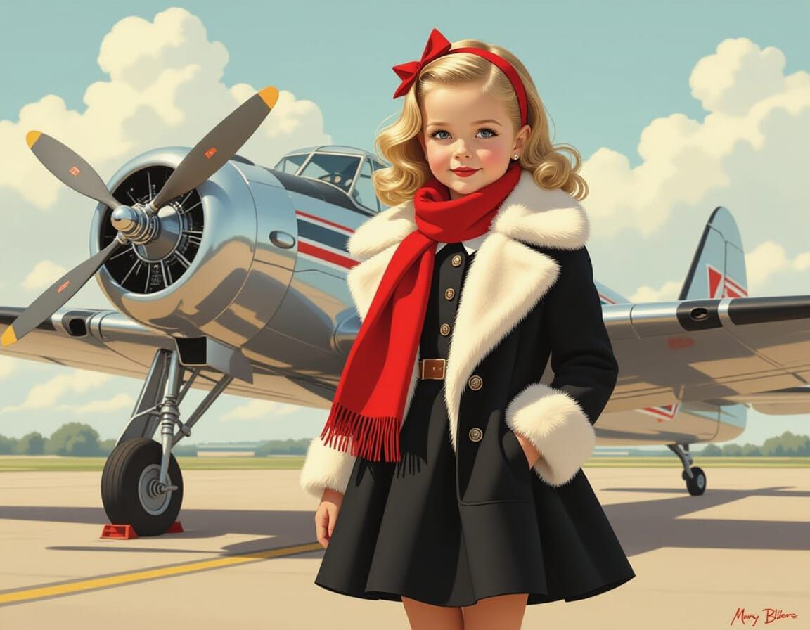 Blonde Girl in Fur Coat in Front of Airplane