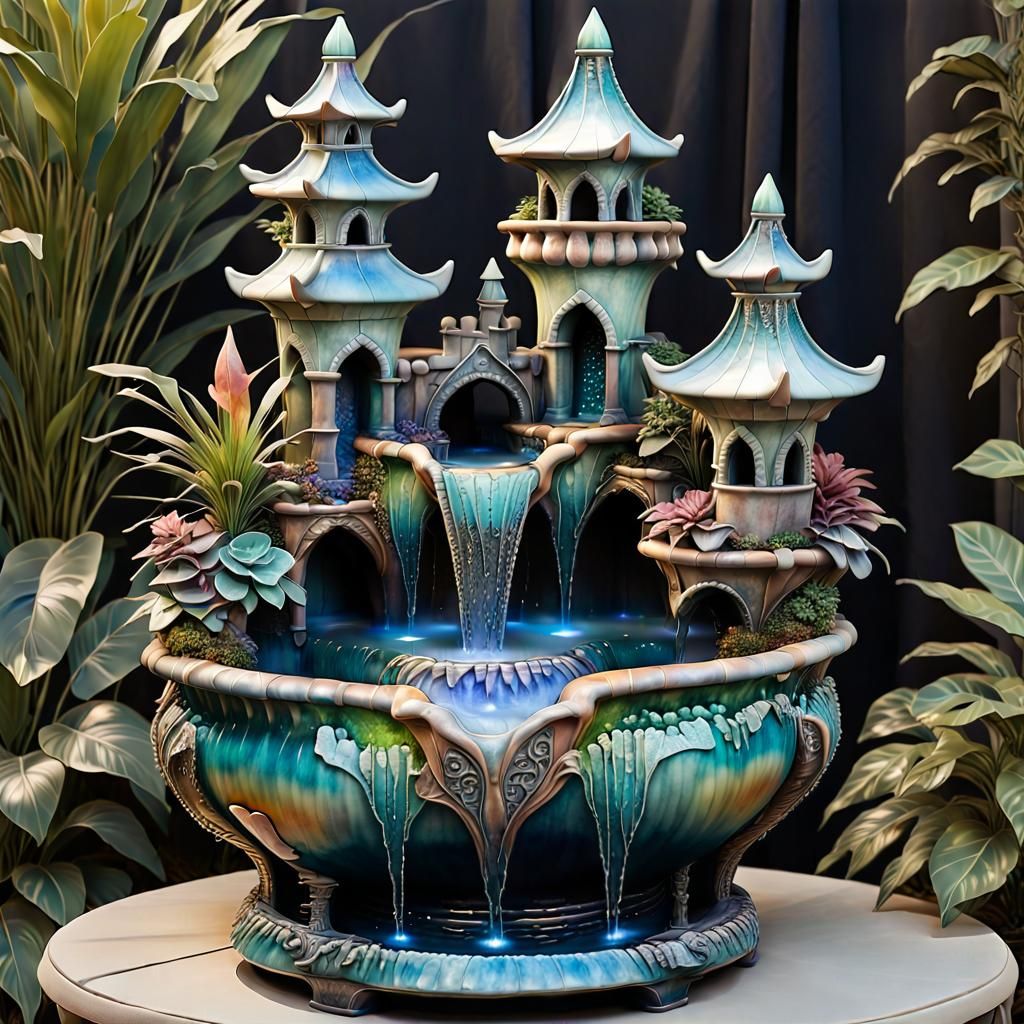 Raku Ceramic Castle Planter with Waterfalls