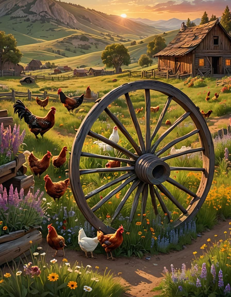 Rustic Wagon Wheel with Chickens in Fantasy Landscape