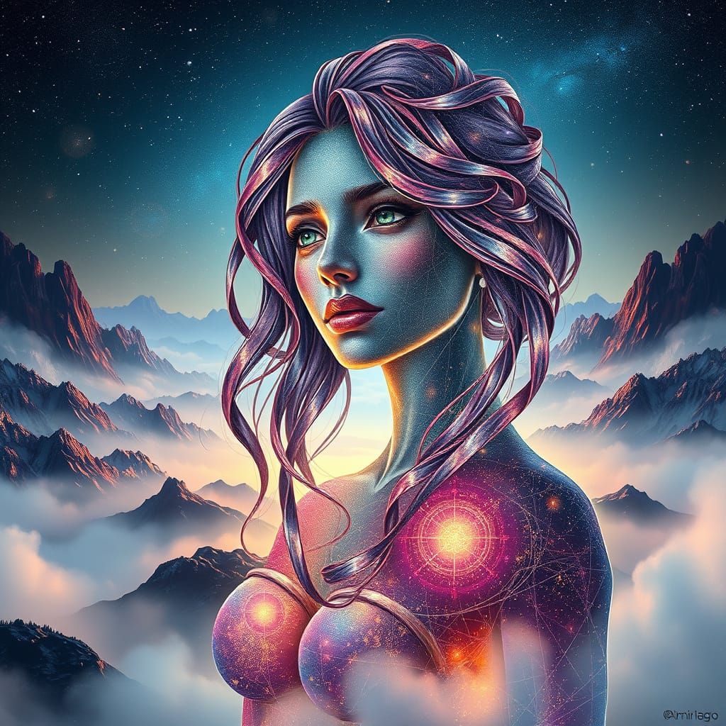 Cosmic Female Figure in Holographic Style