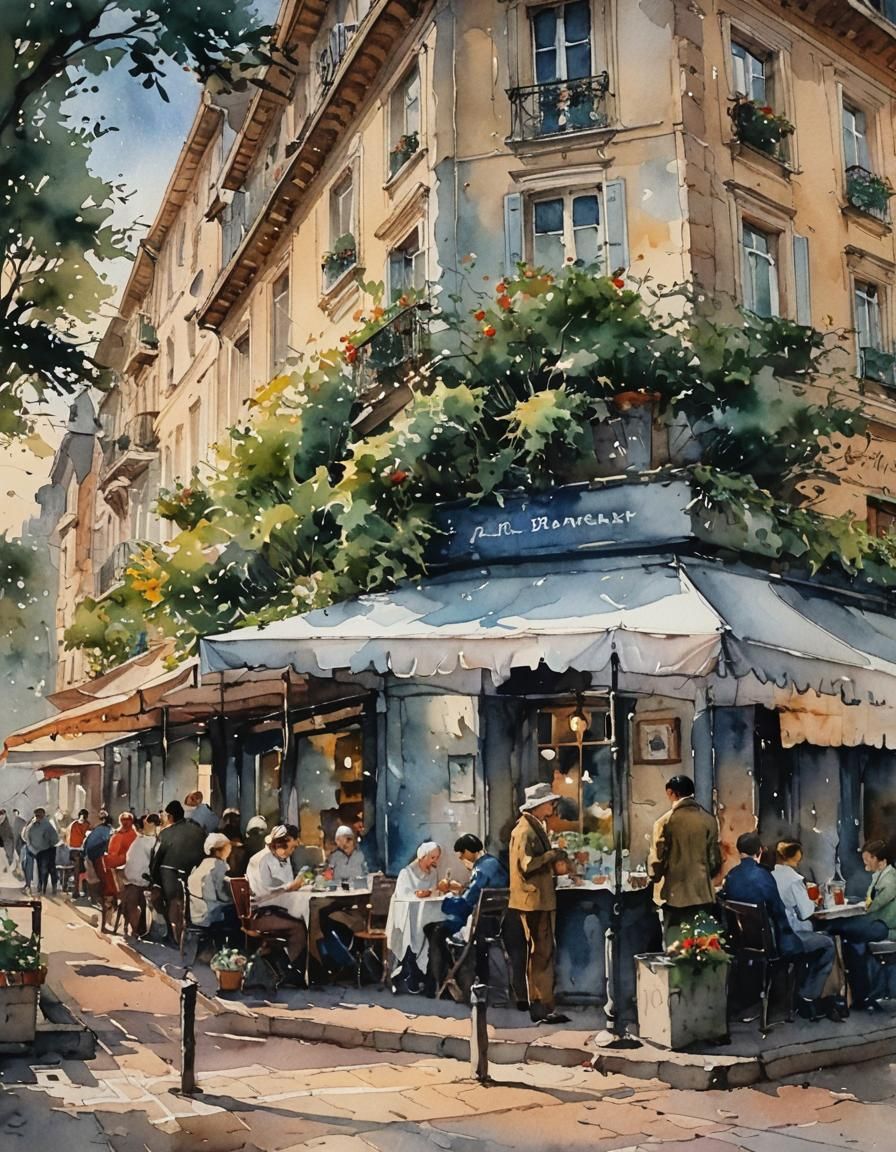 Evening Cafe Watercolor Painting