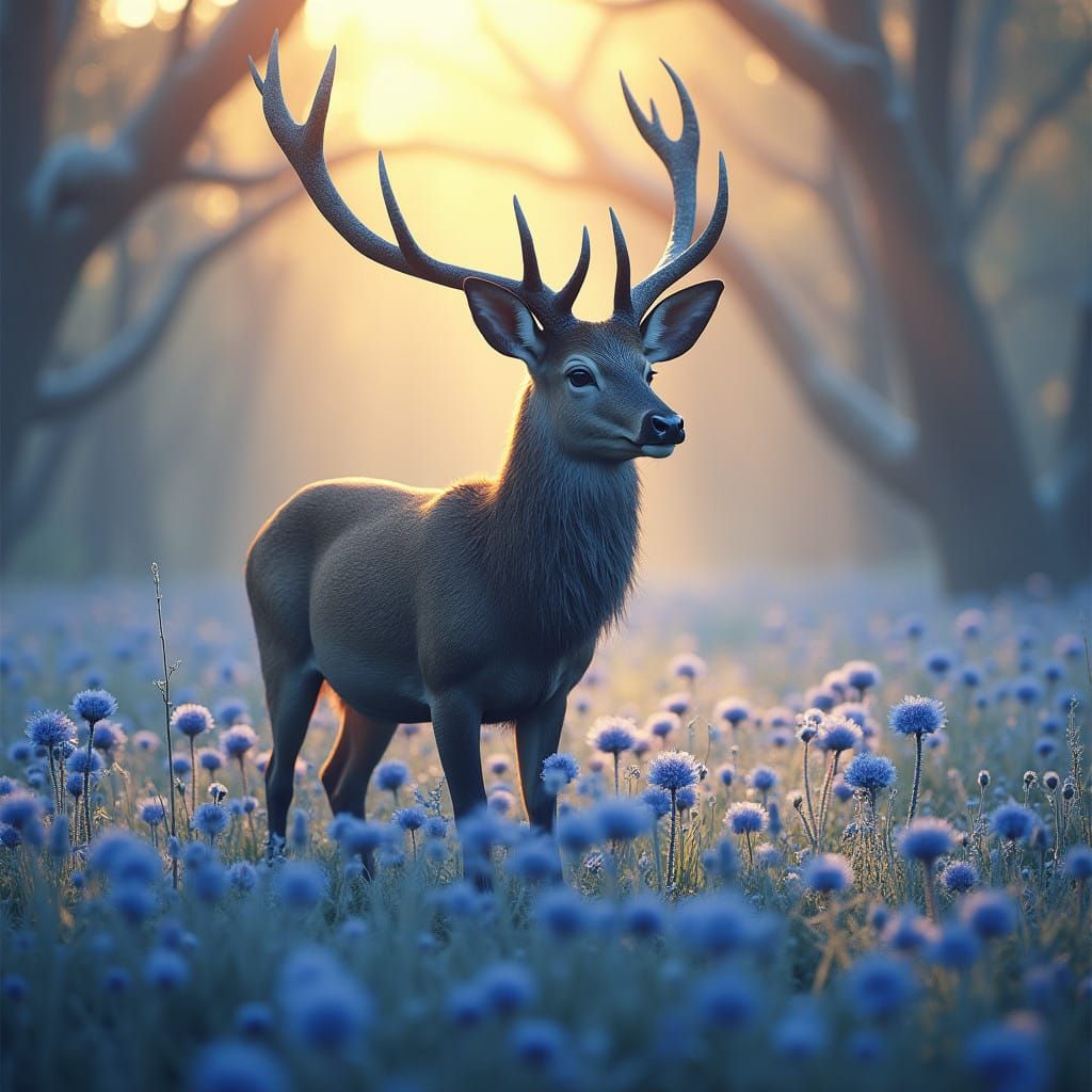 Majestic Swamp Deer in a Dreamy Meadow of Frosted Blue Genti...