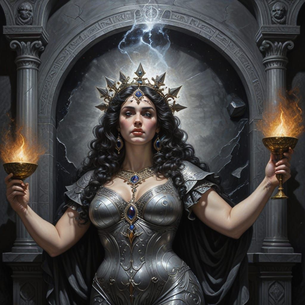 Silver Priestess with Chalice, Fantasy Oil Painting