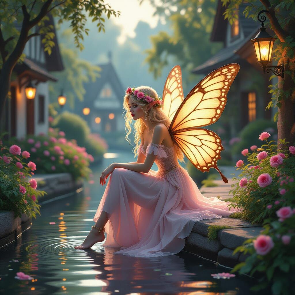 A delicate fairy with golden butterfly wings sits gracefully...