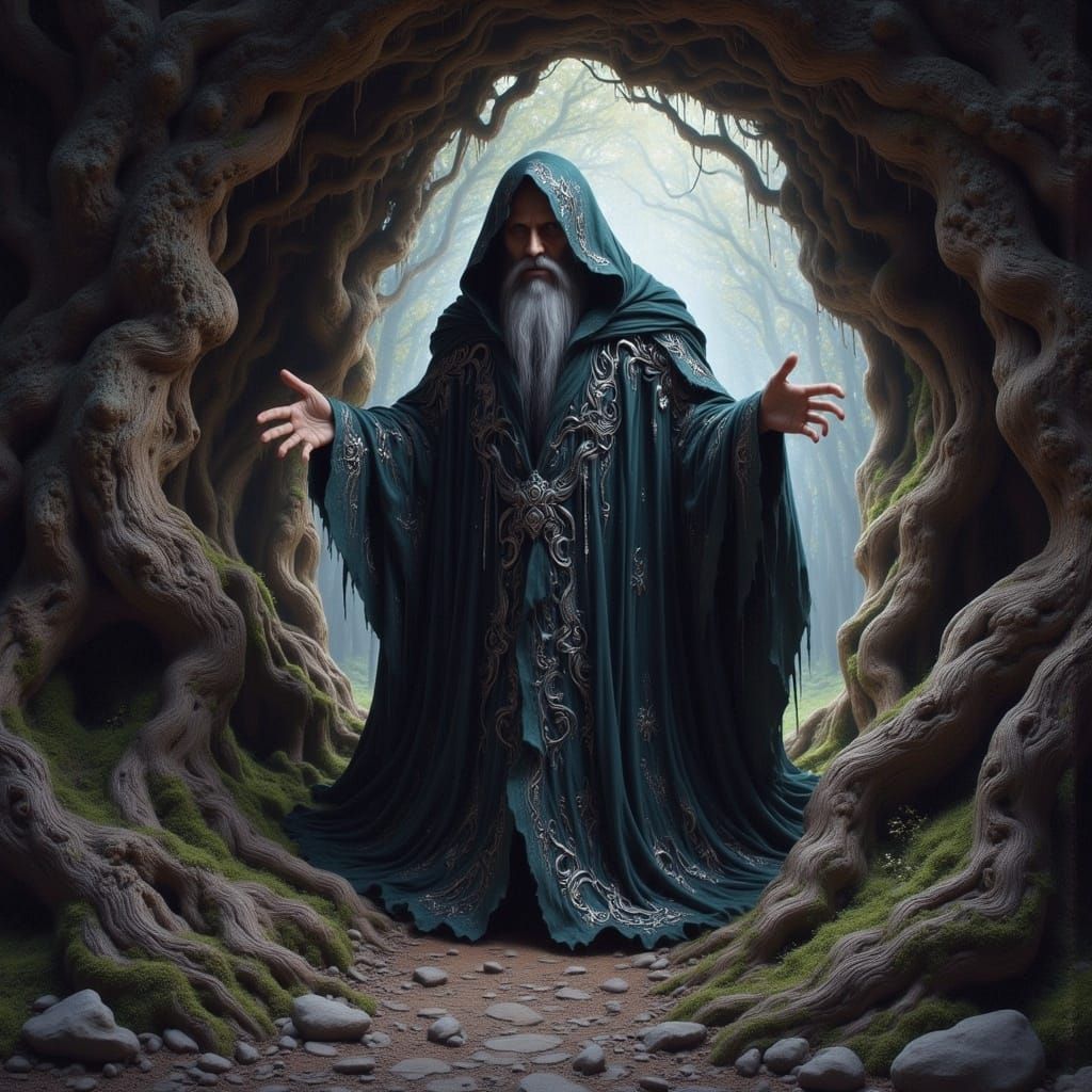 Mystical Wizard Steps Through Ethereal Portal