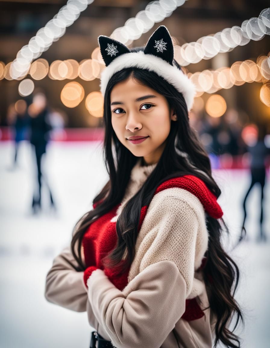 cat ears in Christmas in Ice skating rink